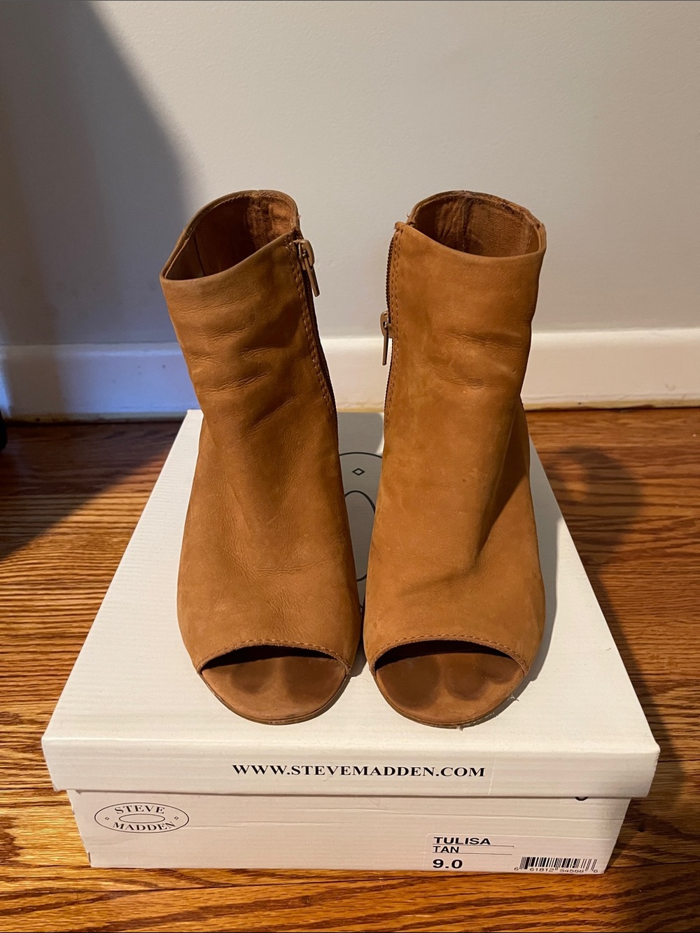 Steve Madden Tan Open-Toe Zip Ankle Booties